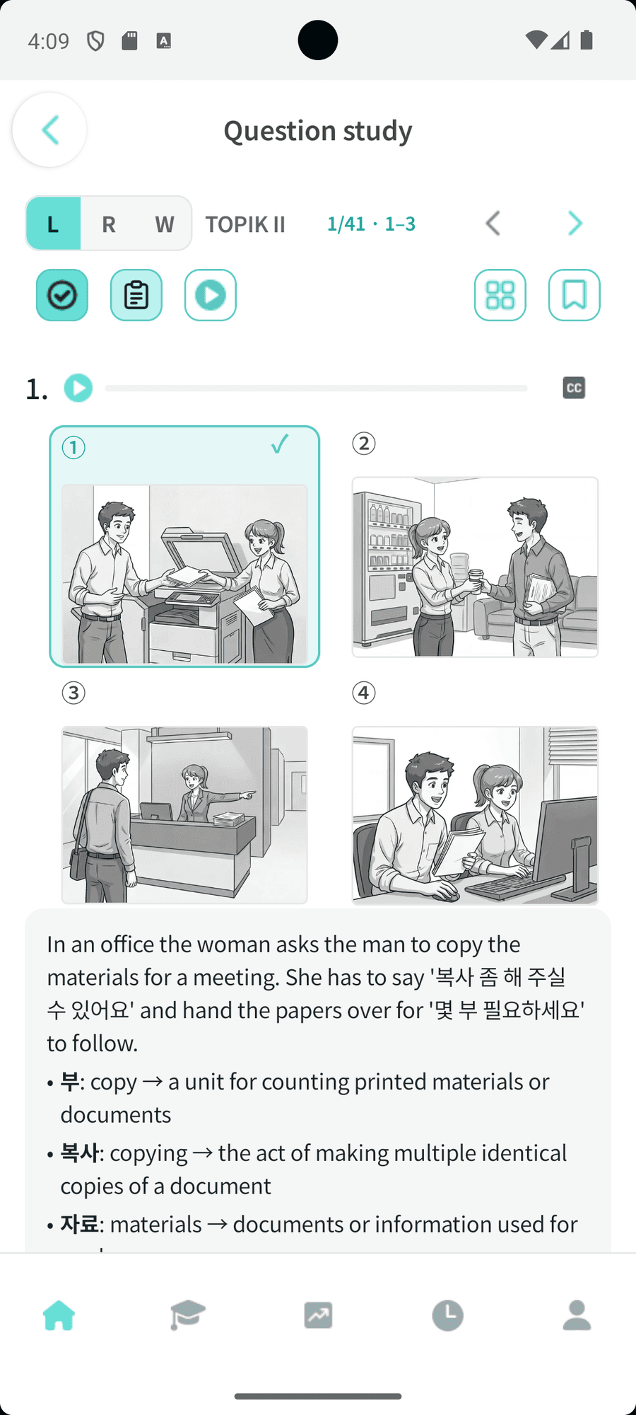 LoroTOPIK listening question screen showing the correct answer with an explanation in your own language