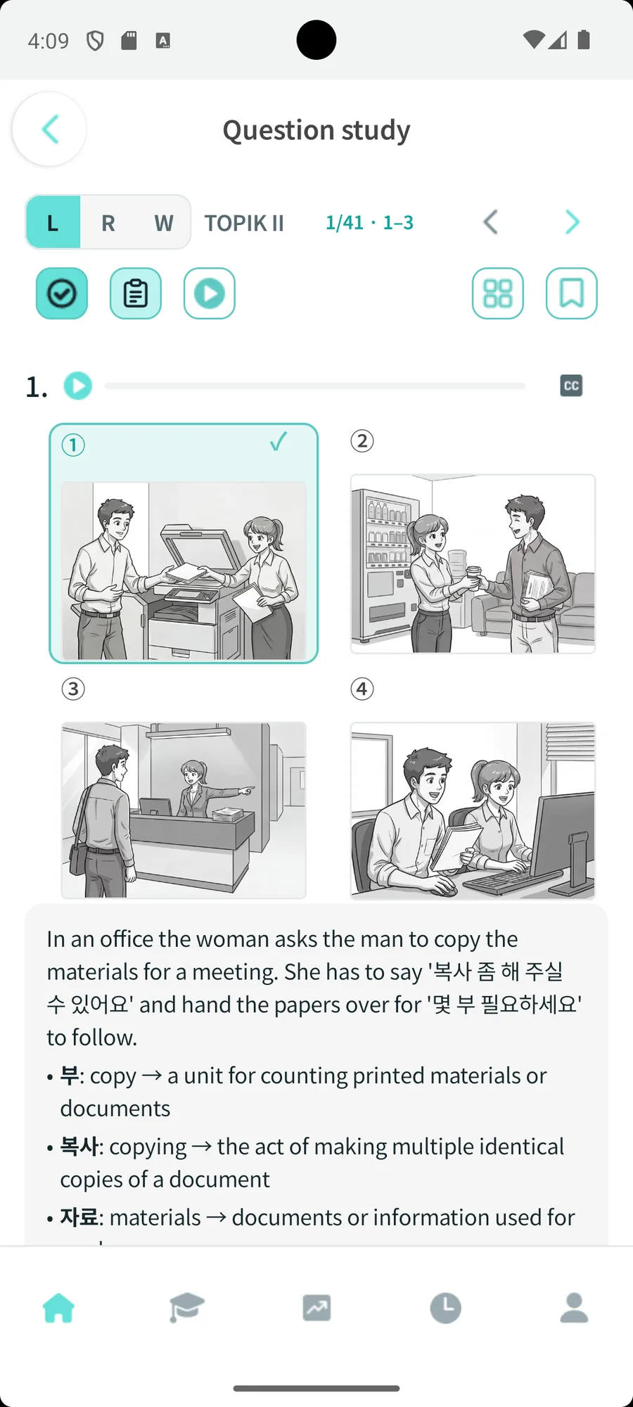 LoroTOPIK listening question screen showing the correct answer with an explanation in your own language
