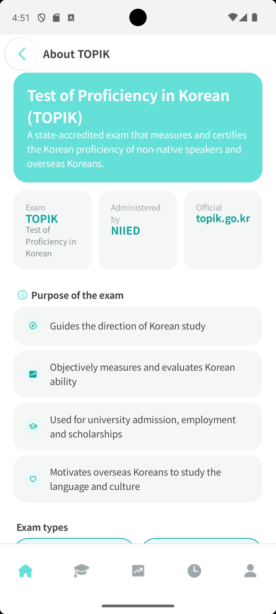 LoroTOPIK exam guide screen explaining TOPIK in your own language