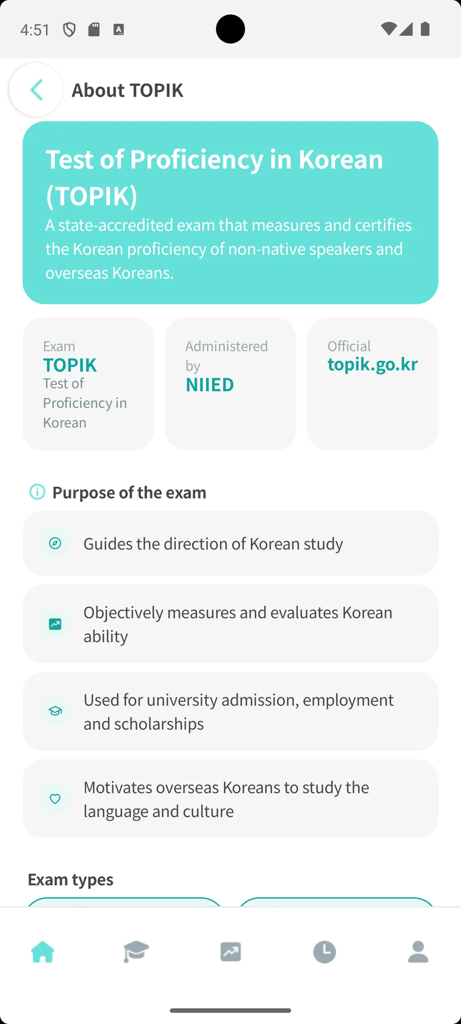 LoroTOPIK exam guide screen explaining TOPIK in your own language