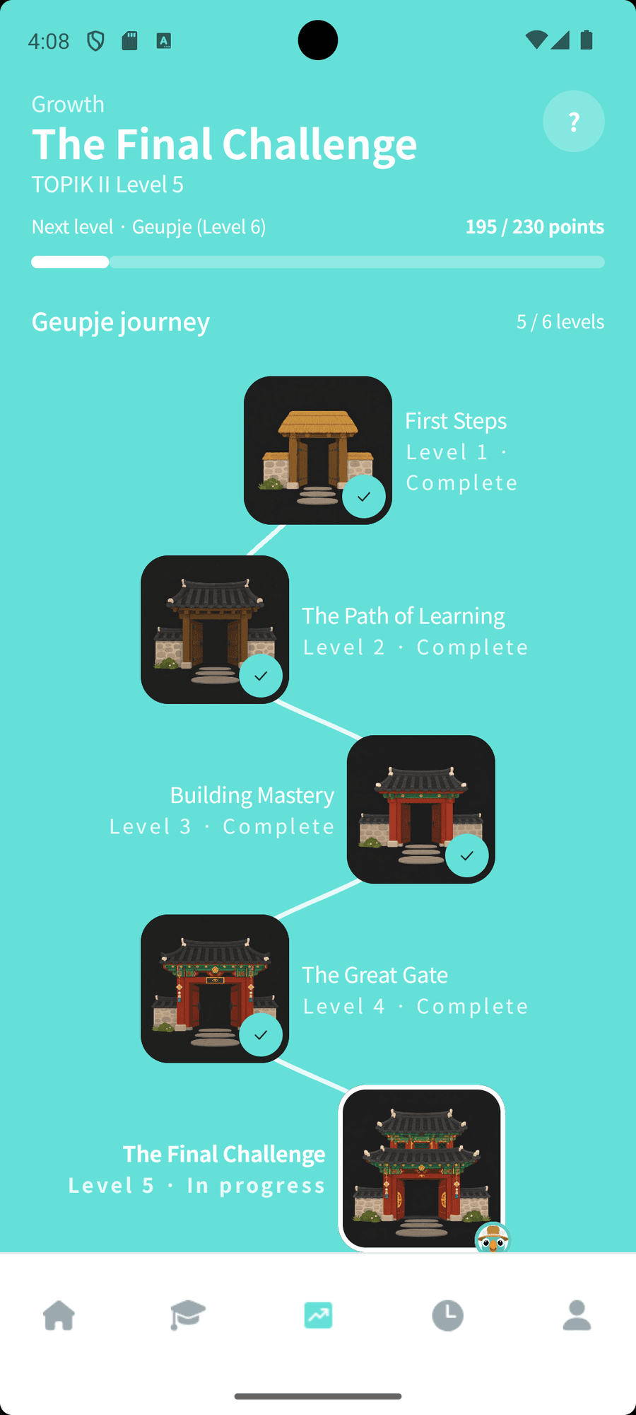 LoroTOPIK study map screen climbing levels along traditional Korean gates