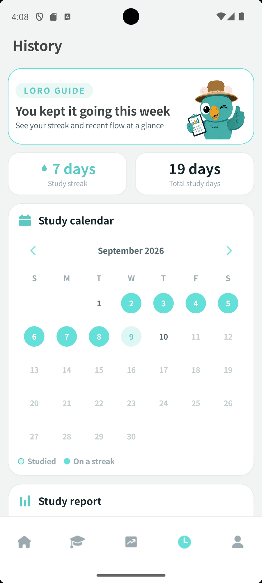 Study history screen showing the study streak and calendar