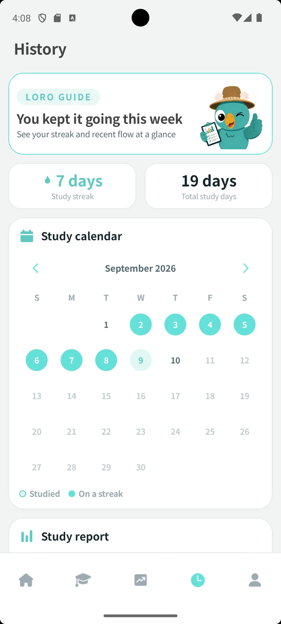 Study history screen showing the study streak and calendar