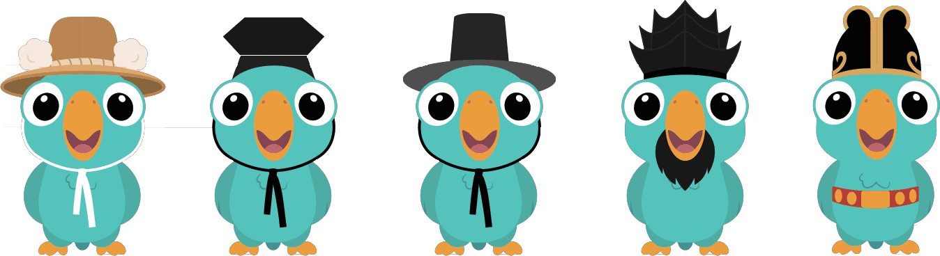 Loro characters from level 1 to 5 standing in a row