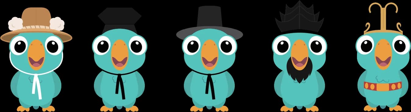 Loro characters from level 1 to 5 standing in a row